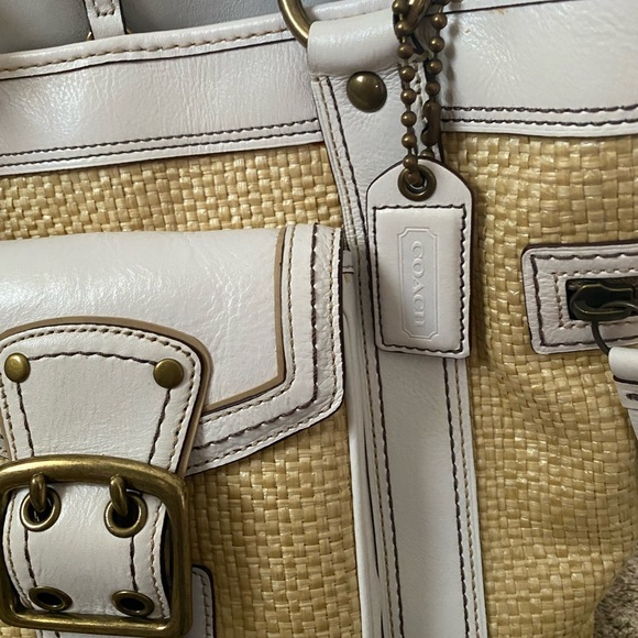Coach Legacy White Leather Natural Tan Brown Woven Straw Rattan Raffia Handbag - Picture 14 of 16